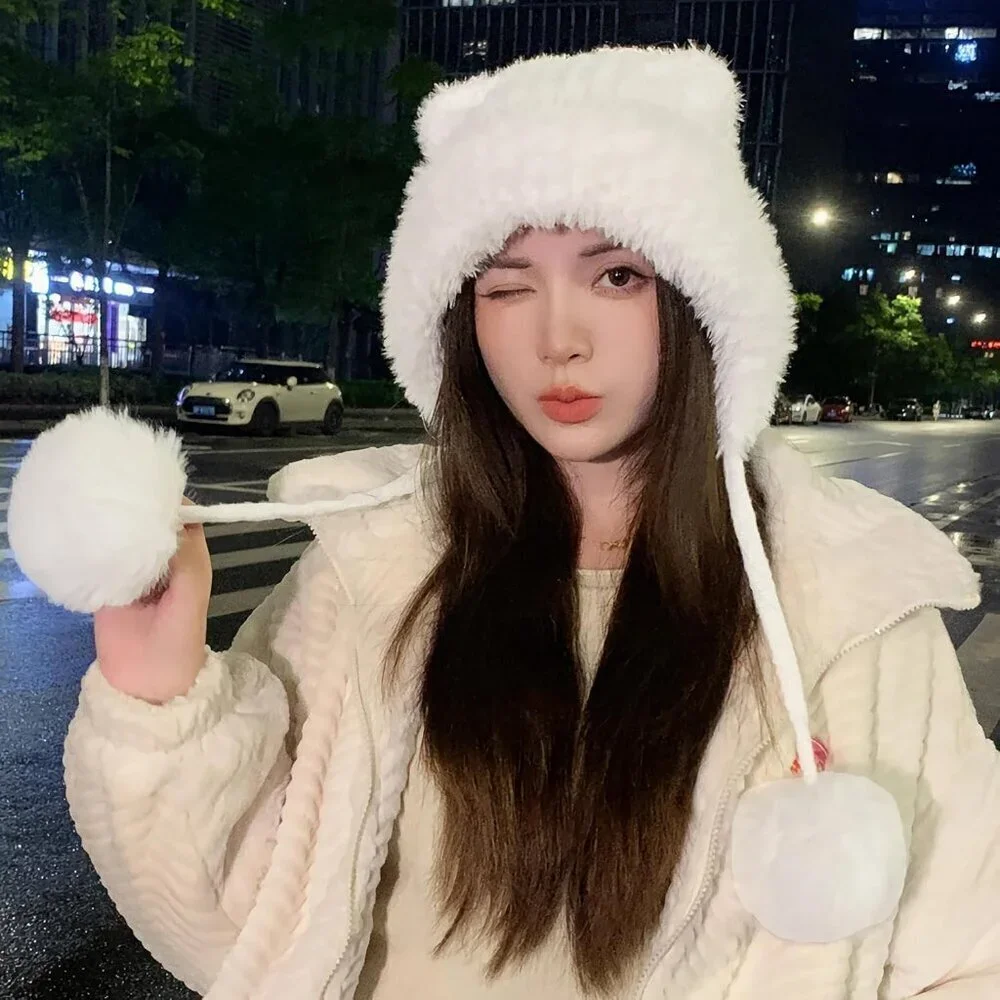 Women White  Winter Sherpa Beanie Hats Knit Ear Flaps Peruvian Cover Ears
